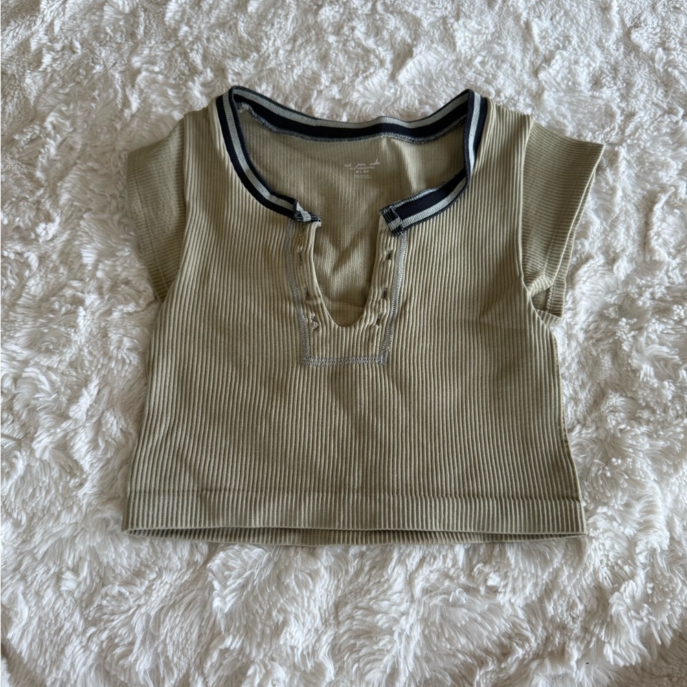 Urban Outfitters Tan Ribbed Crop Top with Black Accents